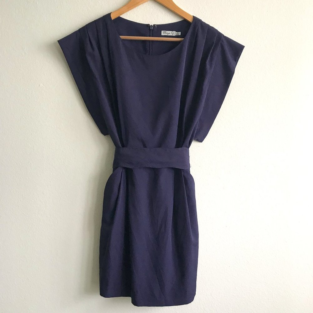 Eliza J Purple Belted Dress Boxy Cap Drape Sleeves Size 6 - Picture 3 of 9